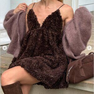 Zara Fluffy Voluminous Mini Dress NWT Chocolate Brown Size Large Blogger Fav